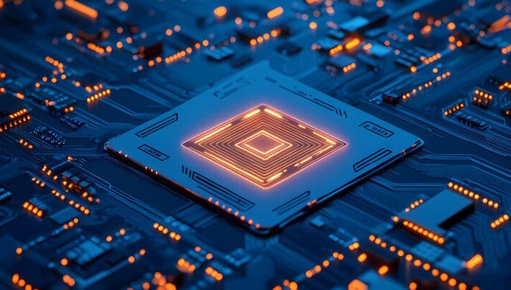 Highly detailed image of a futuristic blue circuit board with a central glowing chip. Futuristic. Illustration
